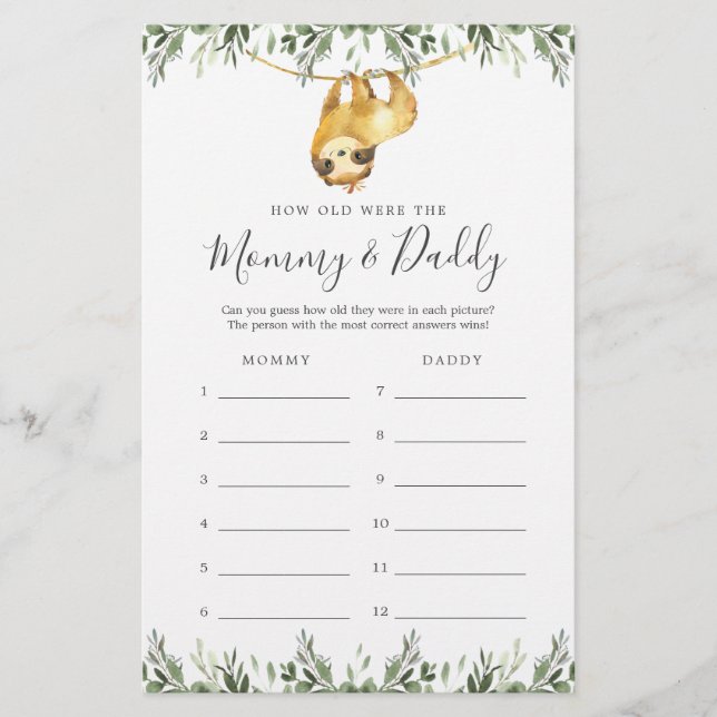 Sloth Baby Shower How Old Were They Game Card (Front)