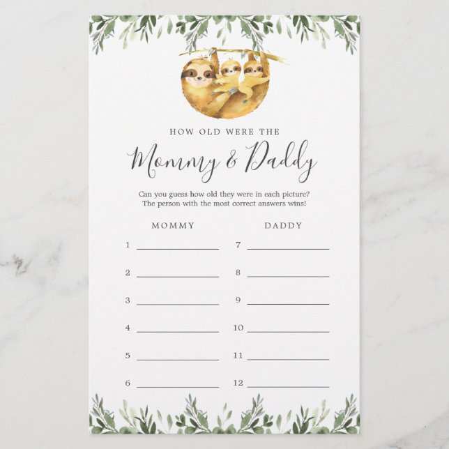 Sloth Baby Shower How Old Were They Game Card (Front)