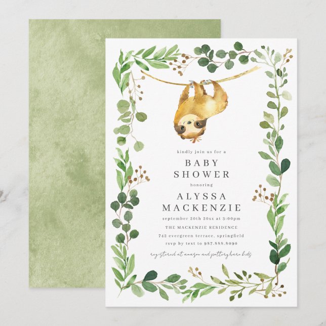 Sloth Baby Shower Invitation (Front/Back)