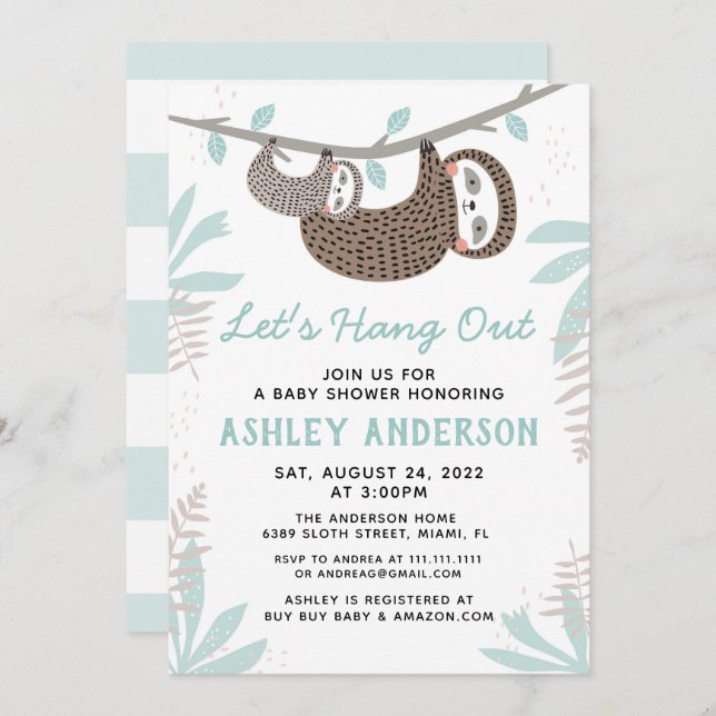 Sloth Baby Shower Invitation (Front/Back)