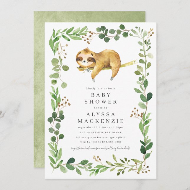 Sloth Baby Shower Invitation (Front/Back)