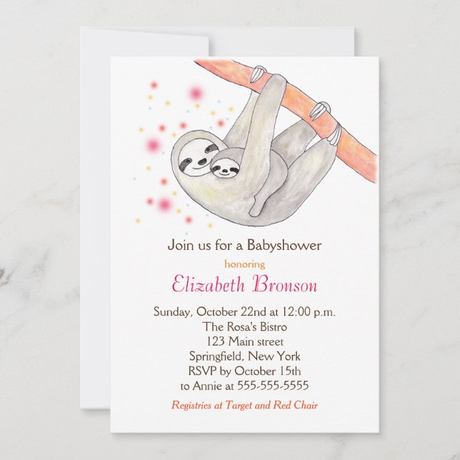 Sloth Baby Shower Invitation Cute Sloth Mom Baby (Front)