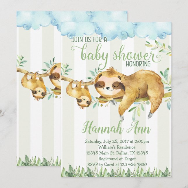 Sloth Baby Shower Invitation Invite (Front/Back)