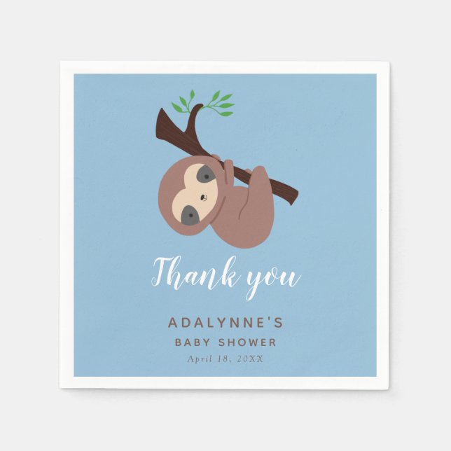 Sloth Baby Shower Jungle Script Cute Boy Blue Napkins (Front)