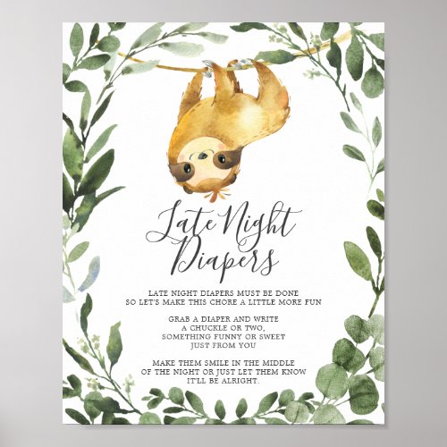 Sloth Baby Shower Late Night Diapers Sign