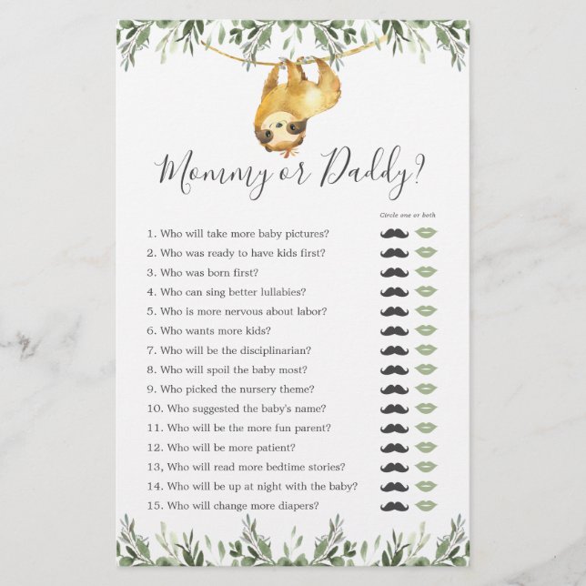 Sloth Baby Shower Mommy or Daddy Game (Front)