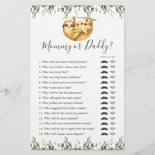 Sloth Baby Shower Mommy or Daddy Game