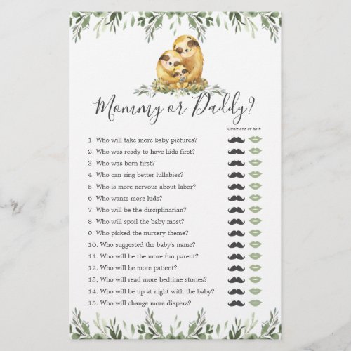 Sloth Baby Shower Mommy or Daddy Game