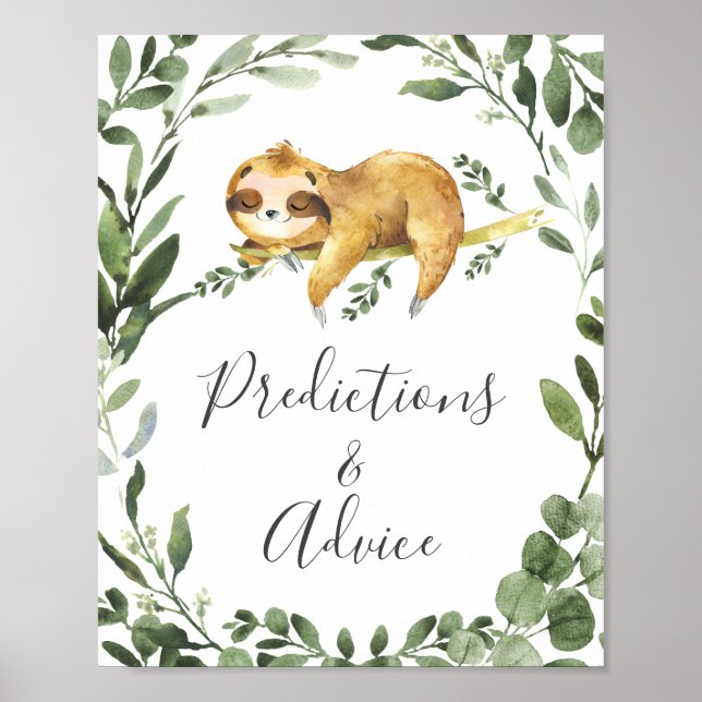 Sloth Baby Shower Predictions and Advice Sign (Front)