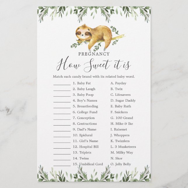 Sloth Baby Shower Pregnancy How Sweet It Is Game (Front)