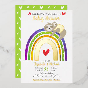 Sloth Baby Shower Rainbow Gender Neutral Real Gold Foil Invitation