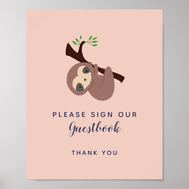 Sloth Baby Shower Sign our Guestbook Cute Pink (Front)