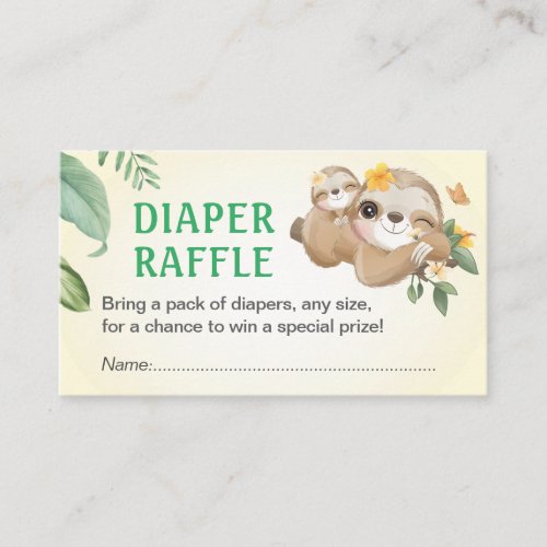 Sloth Baby Shower Sprinkle Diaper Raffle Ticket Enclosure Card