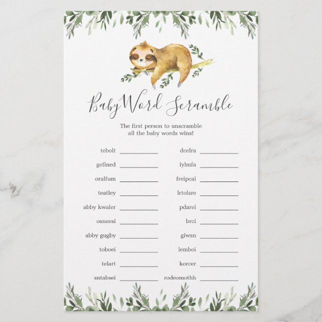 Sloth Baby Shower Word Scramble Game (Front)