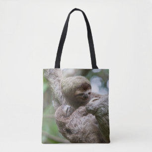 Sloth Baby with Mother Hanging from a Tree Tote Bag