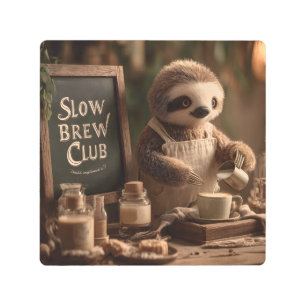 Sloth Barista "Slow Brew Club" Cafe Illustration Metal Print