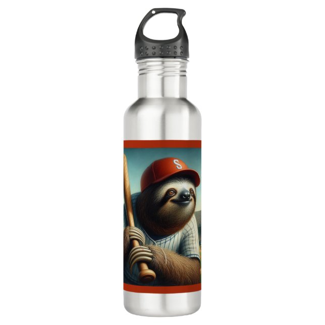 Sloth Baseball Player Stainless Steel Water Bottle (Front)