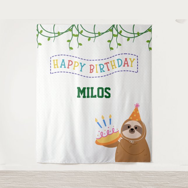 Sloth Birthday Backdrop Personalized Tapestry (Front)