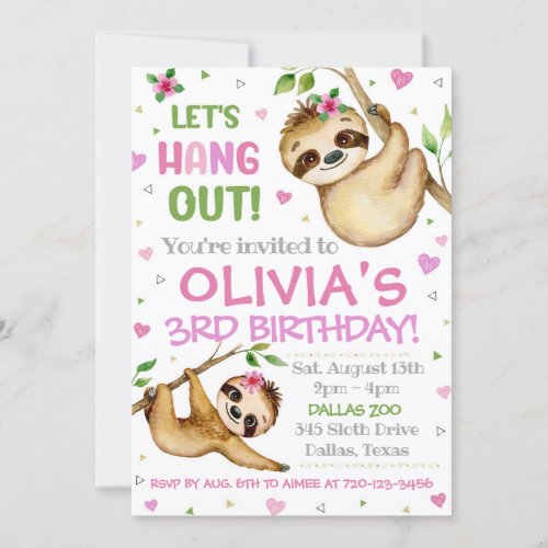 Sloth Birthday Invitation  Sloth Invitation