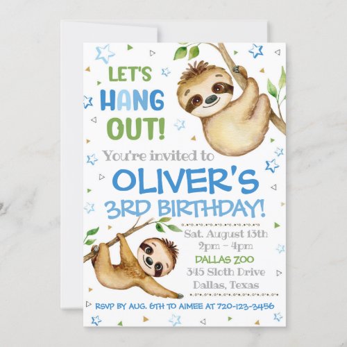 Sloth Birthday Invitation  Sloth Invitation