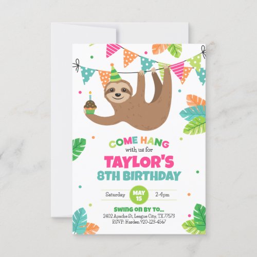 Sloth Birthday Invitation Sloth Party Invitation