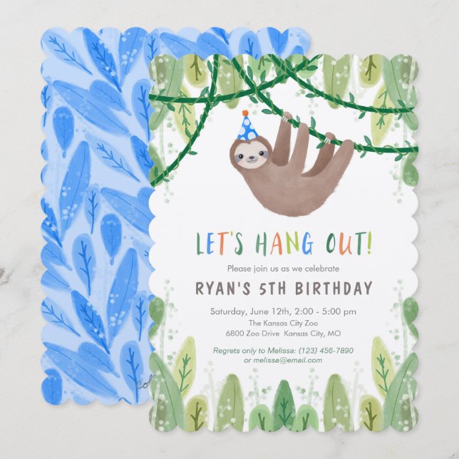 Sloth Birthday Party in Blue and White Invitation (Front/Back)
