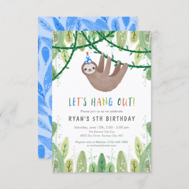 Sloth Birthday Party in Blue and White Invitation (Front/Back)