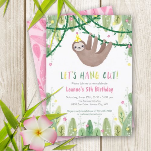 Sloth Birthday Party in Pink  Yellow Invitation