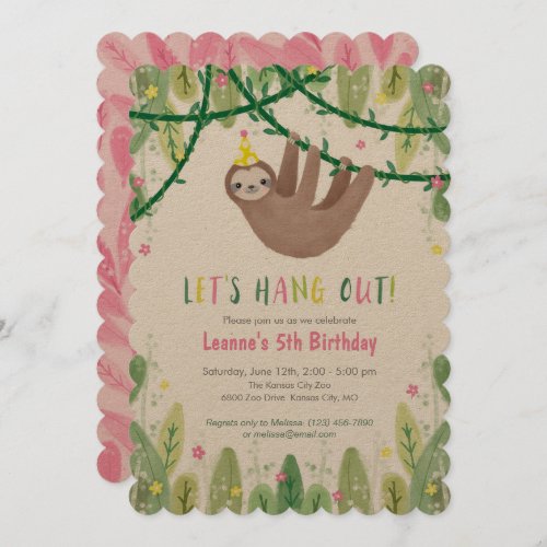 Sloth Birthday Party in Pink  Yellow Invitation