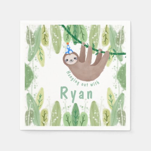 Sloth Birthday Party in White and Blue Napkins