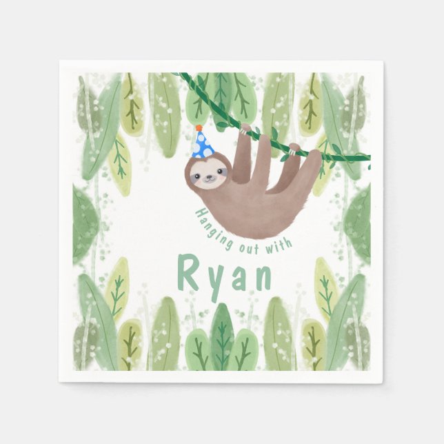 Sloth Birthday Party in White and Blue Napkins (Front)