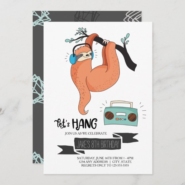 Sloth Birthday Party Invitation (Front/Back)