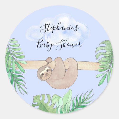 Sloth Blue Baby Shower Classic Round Sticker