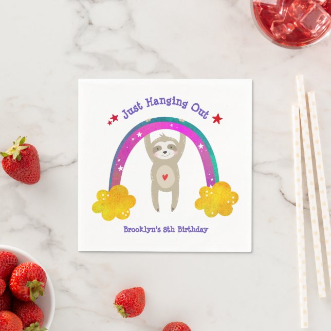 Sloth Boho Rainbow Birthday Cute Kawaii White Name Napkins (Insitu)