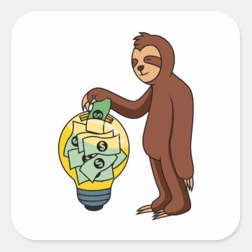 Sloth Buying Time In A Bulb With Money Square Sticker