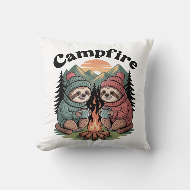 Sloth camping Team Official campfire Throw Pillow (Front)