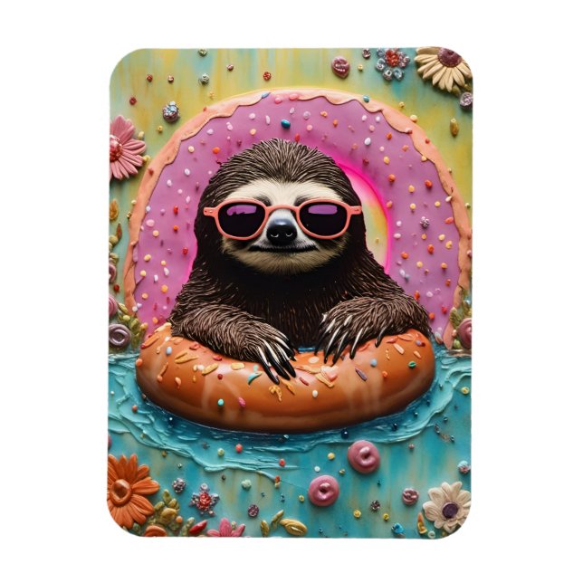 Sloth Chilling in a Floating Donut Funny Collage Magnet (Vertical)