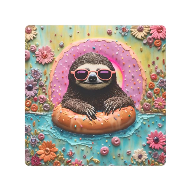 Sloth Chilling in a Floating Donut Funny Collage Metal Print (Front)
