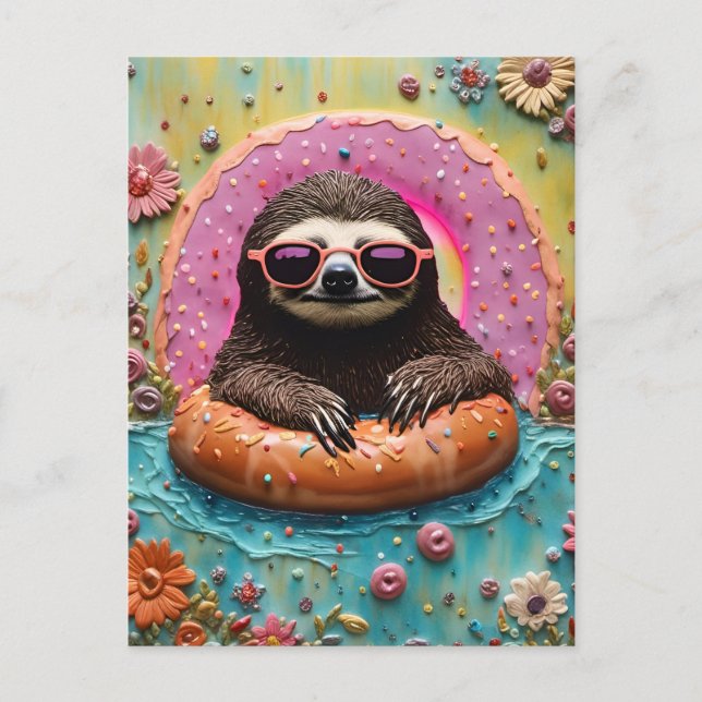 Sloth Chilling in a Floating Donut Funny Collage Postcard (Front)