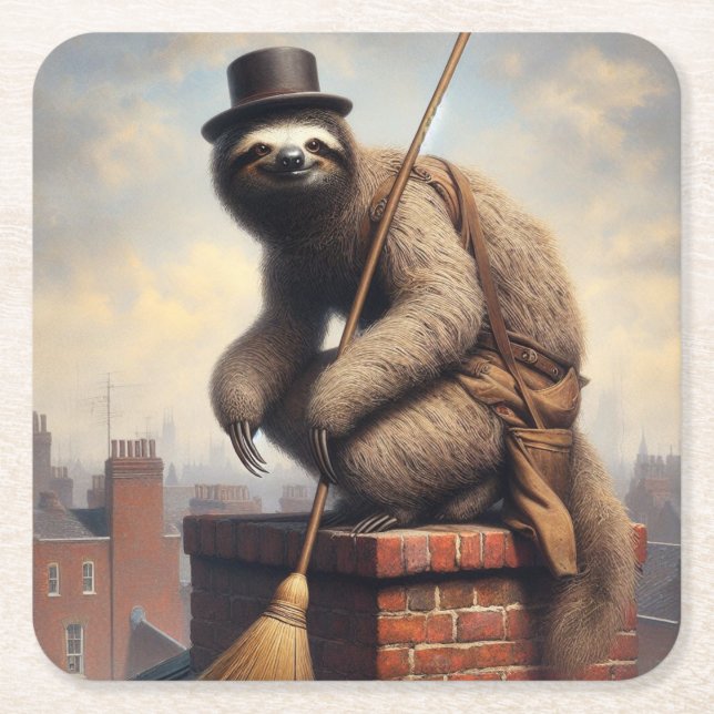 Sloth Chimney Sweep Square Paper Coaster (Front)