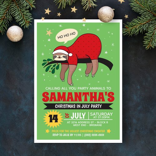 Sloth Christmas In July Party Invitation