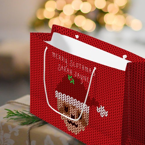 Sloth Christmas Merry Slothmas Name Red Holiday Large Gift Bag
