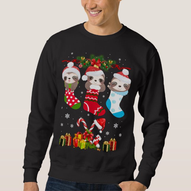 Sloth Christmas Sock Sloth Santa Hat Lights Xmas T Sweatshirt (Front)