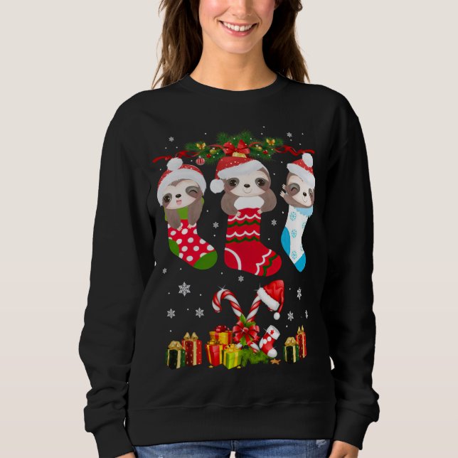 Sloth Christmas Sock Sloth Santa Hat Lights Xmas T Sweatshirt (Front)