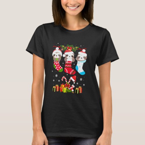 Sloth Christmas Sock Sloth Santa Hat Lights Xmas T T-Shirt