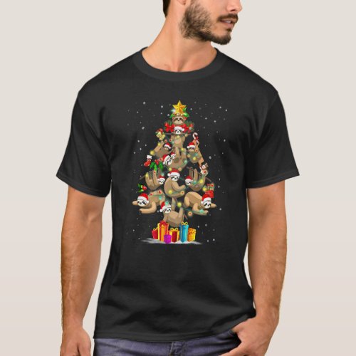 Sloth Christmas Tree Sloth Santa Hat Light Pajamas T-Shirt