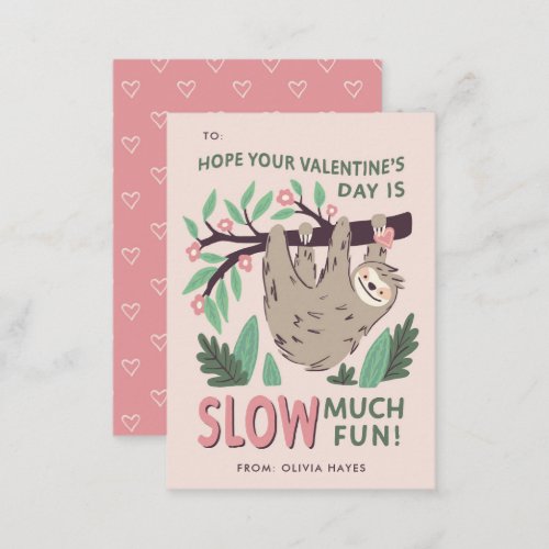 Sloth Classroom Valentines Exchange Note Card