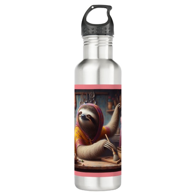 Sloth Cleaning a Kitchen Stainless Steel Water Bottle (Front)