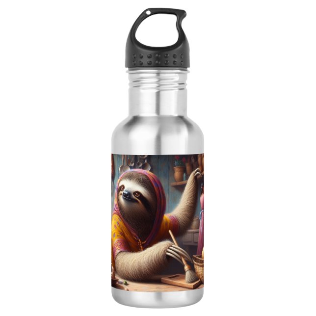 Sloth Cleaning a Kitchen Stainless Steel Water Bottle (Front)