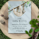 Sloth Come Hang | Sky Blue Fun Kids Birthday Party Invitation<br><div class="desc">"Come hang with us" fun birthday party invitations with a watercolor illustration of a sloth hanging from a tree. Simple and cute cards with black handwritten-style font on a light blue background. The reverse side features a wood pattern. Background colors can be changed, if desired, by using the design tool....</div>